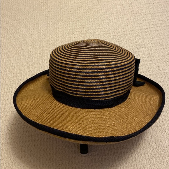 One-of-a-Kind Straw Hat - Navy, Tan, with Silk Navy Bow - Picture 4 of 6